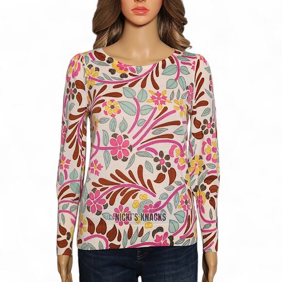 Talbots Petites Merino Wool Sweater S Spring Floral Retro Mod Print Lightweight - Picture 2 of 9